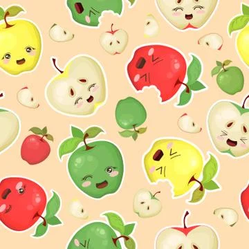 Seamless vector pattern with colorful cute apple characters isolated on light Stock Illustration