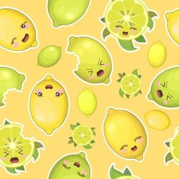 Seamless vector pattern with colorful cute lemon and lime characters isolated Stock Illustration