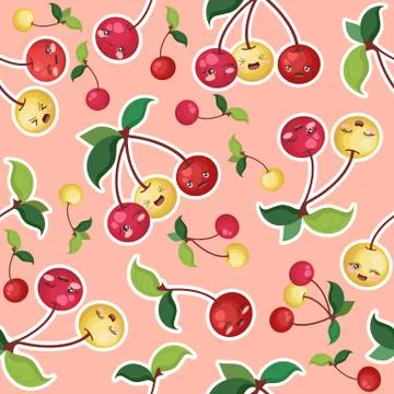 Seamless vector pattern with colorful cute cherry characters isolated on pink Stock Illustration
