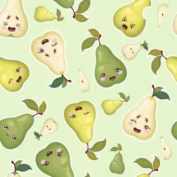Seamless vector pattern with colorful cute pear characters isolated on light  Illustrazione stock