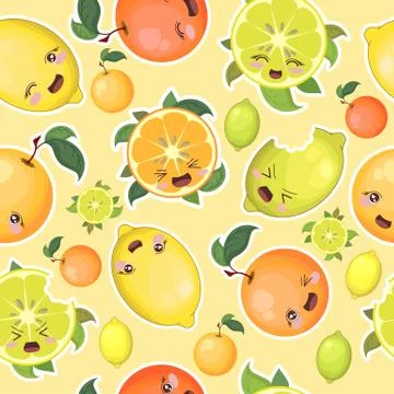 Seamless vector pattern with colorful cute orange, lemon and lime characters  Stock Illustration