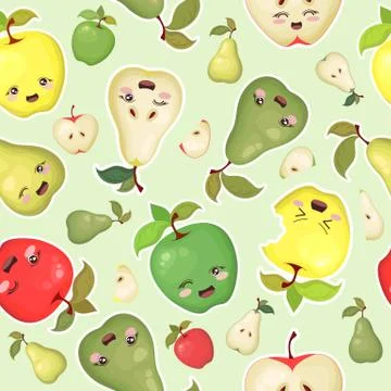 Seamless vector pattern with colorful cute pears and apples characters isolat Stock Illustration