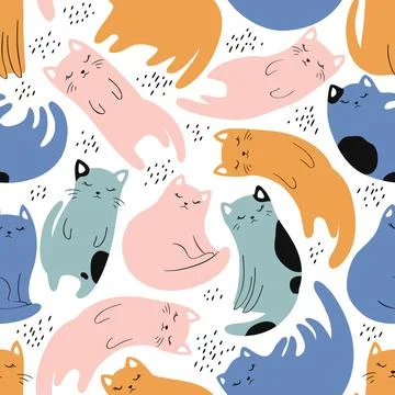 Seamless vector pattern with colorful cute cartoon cats isolated on white b.. Stock Illustration