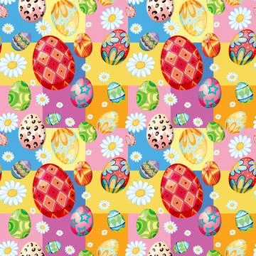 Seamless Vector Pattern with Colorful Decorated Eggs and White Daisies Illustrazione stock