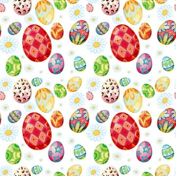 Seamless Vector Pattern with Colorful Decorated Eggs and White Daisies Stock Illustration