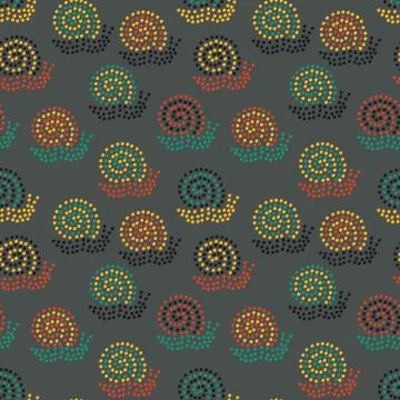 Seamless vector pattern with colorful dotted snails on a dark background Illustrazione stock
