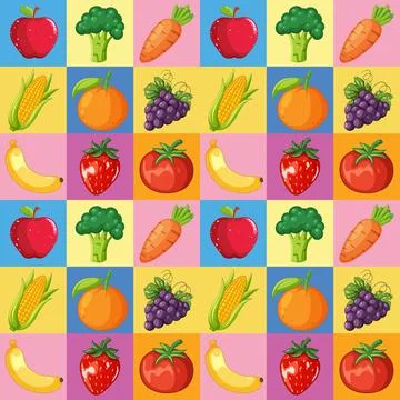 Seamless Vector Pattern of Colorful Fruits and Vegetables on Grid Stock Illustration