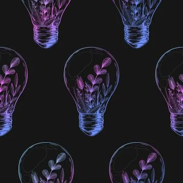 Seamless vector pattern with colorful hand drawn light bulbs and floral eleme Stock Illustration