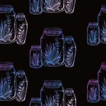 Seamless vector pattern with colorful hand drawn plants, herbs, branches and  Stock Illustration