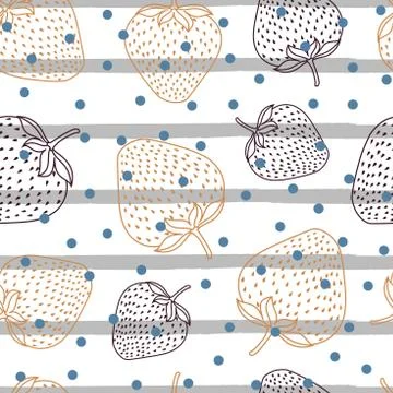 Seamless vector pattern with colorful line strawberries and blue dots on whit Stock Illustration