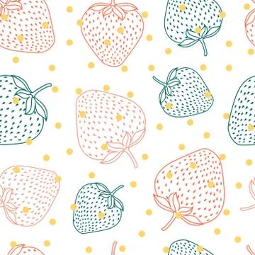 Seamless vector pattern with colorful line strawberries and gold dots. Illustrazione stock