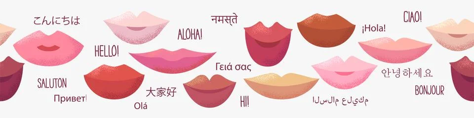 Seamless vector pattern with colorful lips and word hello in different langua Stock Illustration