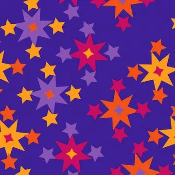 Seamless Vector Pattern with Colorful Multi-Pointed Stars on Dark Purple Stock Illustration