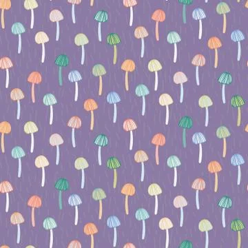Seamless vector pattern with colorful mushrooms on a purple background Stock Illustration