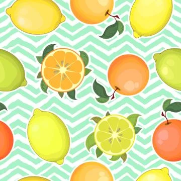 Seamless vector pattern with colorful oranges and lemons isolated on geometri Stock Illustration