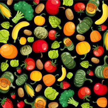 Seamless Vector Pattern of Colorful Organic Fruits and Vegetables Stock Illustration