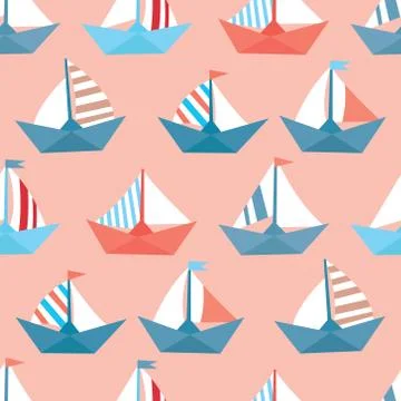Seamless vector pattern with colorful paper ships. Sea texture Stock Illustration