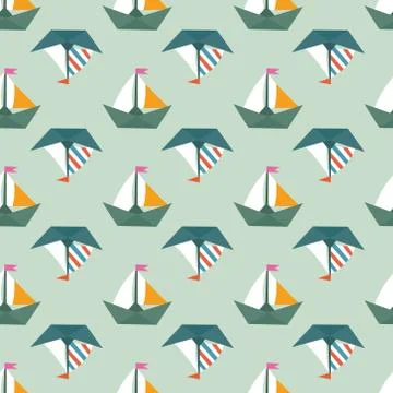 Seamless vector pattern with colorful paper ships. Sea texture Stock Illustration
