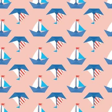 Seamless vector pattern with colorful paper ships. Sea texture Stock Illustration