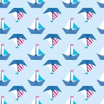 Seamless vector pattern with colorful paper ships. Sea texture Stock Illustration
