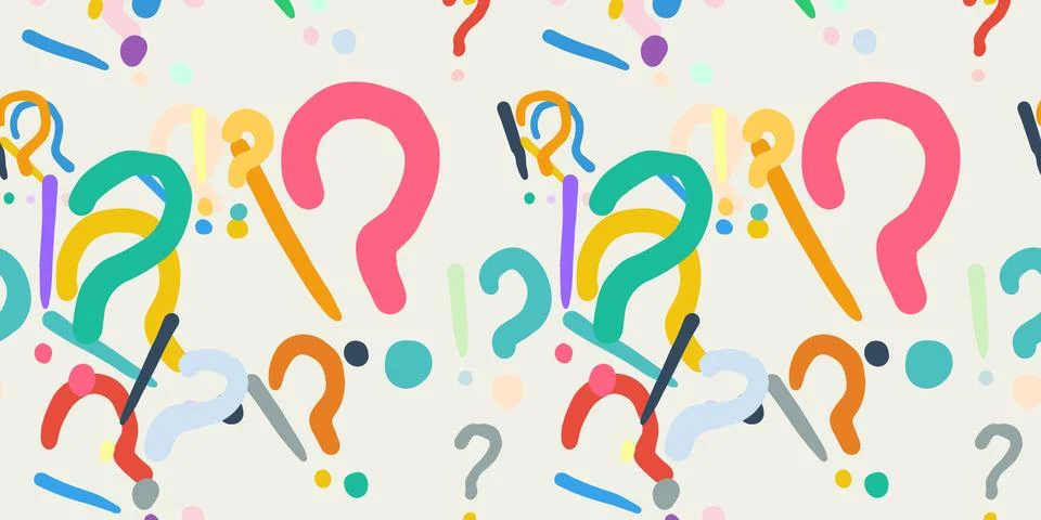 Seamless vector pattern of colorful question marks and dots scattered across a Stock Illustration