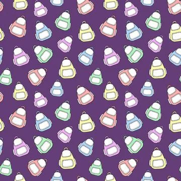 Seamless vector pattern with colorful school backpacks on purple background Illustrazione stock