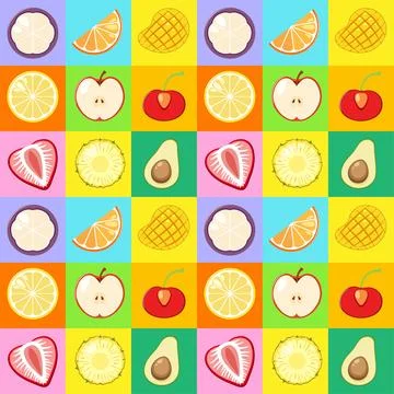 Seamless Vector Pattern of Colorful Sliced Fruits on Checkered Background Stock Illustration