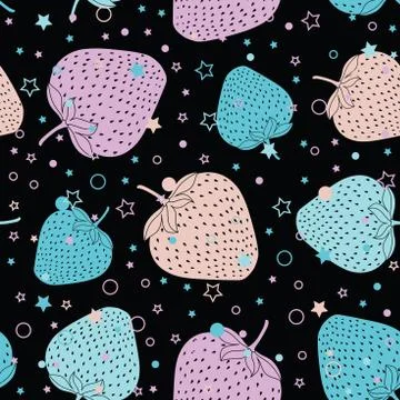 Seamless vector pattern with colorful strawberries and tiny stars and circles. Stock Illustration