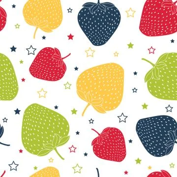 Seamless vector pattern with colorful strawberries and tiny stars. Stock Illustration