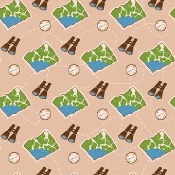 Seamless vector pattern. Compass, binocular and map. For design, prints, st.. Illustrazione stock