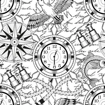 Seamless vector pattern with compass, binoculars, marine objects イラスト素材