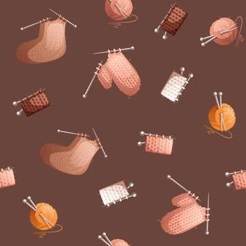 Seamless vector pattern consisting of knitting attributes such as yarn, knitt Stock Illustration