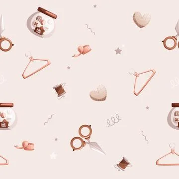 Seamless vector pattern consisting of sewing attributes such as buttons, mete Stock Illustration