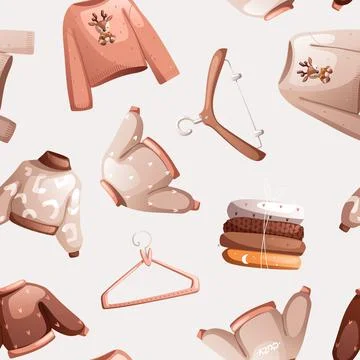 Seamless vector pattern consisting of winter warm sweaters, hangers and stack Stock Illustration