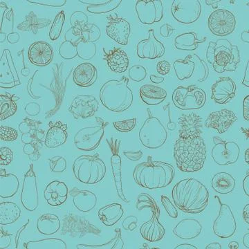 Seamless vector pattern with contour drawing of vegetables, fruit, berries Stock Illustration