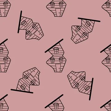 Seamless vector pattern of contour houses in doodle style on pink background. Stock Illustration