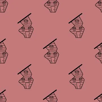 Seamless vector pattern of contour houses in doodle style on pink background. Stock Illustration