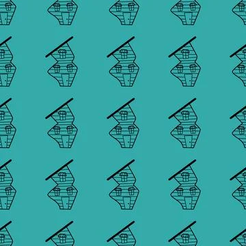 Seamless vector pattern of contour houses in doodle style on a green background. Ilustración de archivo