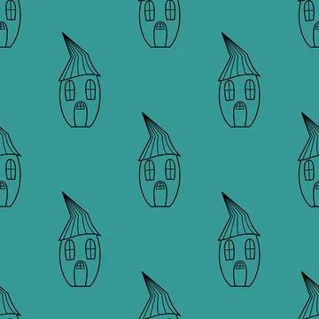 Seamless vector pattern of contour houses in doodle style on a green background. Stock Illustration