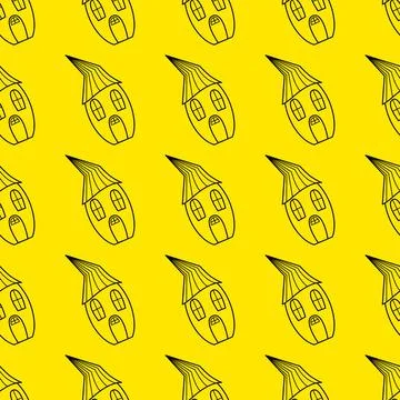 Seamless vector pattern of contour houses in the style of doodle on a yellow Stock Illustration