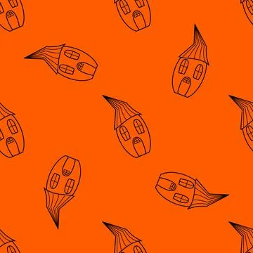 Seamless vector pattern of contour houses in the style of doodles on an orange Stock Illustration