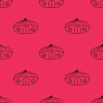 Seamless vector pattern of contour houses in the style of doodles on a crimson Stock Illustration