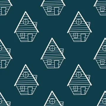Seamless vector pattern of contour houses in doodle style on a green background. Stock Illustration