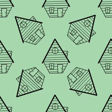 Seamless vector pattern of contour houses in doodle style on a green background. Stock Illustration