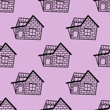 Seamless vector pattern of contour houses in the style of a doodle on a gray Stock Illustration