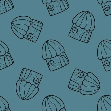 Seamless vector pattern of contour houses in doodle style on a green background. Stock Illustration