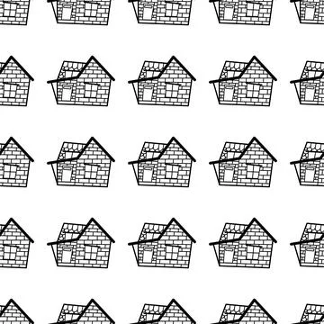 Seamless vector pattern of contour houses in doodle style on a white background. Stock Illustration