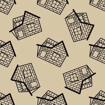 Seamless vector pattern of contour houses in doodle style on beige background. Stock Illustration