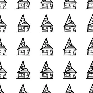 Seamless vector pattern of contour houses in doodle style on a white background. Stock Illustration