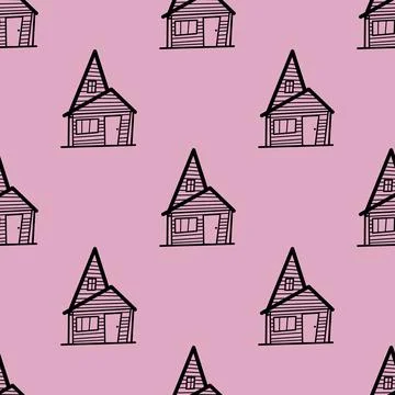 Seamless vector pattern of contour houses in doodle style on pink background. Ilustración de archivo
